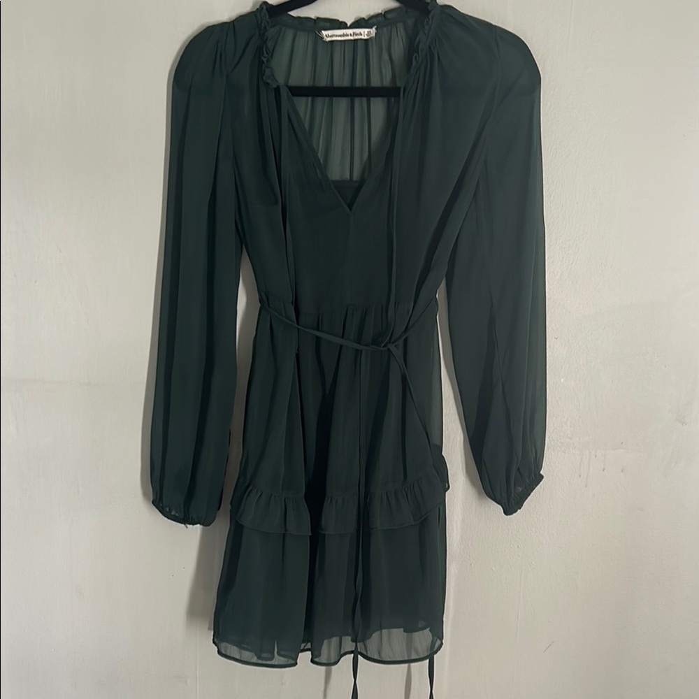Chiffon dark green long sleeve dress